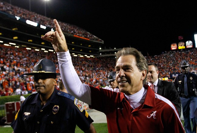 AUBURN, AL - NOVEMBER 26:  Head coach Nick Saban of the Alabama Crimson Tide celebrates their 42-14 win over the Auburn Tigers at Jordan-Hare Stadium on November 26, 2011 in Auburn, Alabama.  (Photo by Kevin C. Cox/Getty Images)