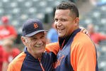 ARLINGTON, TX - OCTOBER 10:  Manager Jim Leyland and Miguel Cabrera #24 of the Detroit Tigers laugh together prior to Game Two of the American League Championship Series against the Texas Rangers at Rangers Ballpark in Arlington on October 10, 2011 in Arlington, Texas.  (Photo by Harry How/Getty Images)