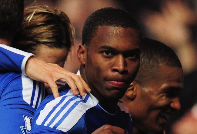 LONDON, ENGLAND - FEBRUARY 05:  Daniel Sturridge of Chelsea celebrates with team mates and fans as his Jonny Evans of Manchester United scores an own goal fro their first goal during the Barclays Premier League match between Chelsea and Manchester United at Stamford Bridge on February 5, 2012 in London, England.  (Photo by Shaun Botterill/Getty Images)
