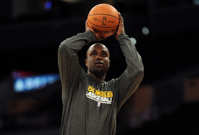 LOS ANGELES, CA - APRIL 26:  Derrick Caracter #45 of the Los Angeles Lakers warms up before Game Five of the Western Conference Quarterfinals in the 2011 NBA Playoffs against the New Orleans Hornets on April 26, 2011 at Staples Center in Los Angeles, California. NOTE TO USER: User expressly acknowledges and agrees that, by downloading and or using this photograph, User is consenting to the terms and conditions of the Getty Images License Agreement.  (Photo by Harry How/Getty Images)