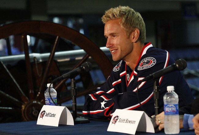 COLUMBUS,OH - JULY 21:  Jeff Carter #7 of the Columbus Blue Jackets speaks during a press conference on July 21, 2011 at Nationwide Arena in Columbus, Ohio.  (Photo by John Grieshop/Getty Images)