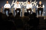 CONCORD, NC - JANUARY 25:  (L-R) Jimmie Johnson, driver of the #48 Lowe's/Kobalt Chevrolet, Dale Earnhardt Jr., driver of the #88 Diet Mountain Dew Chevrolet, Jeff Gordon, driver of the #24 Drive to End Hunger Chevrolet, and Rick Hendrick, owner of Hendrick Motorsports, speak with the media during the 2012 NASCAR Sprint Cup Series Media Tour hosted by Charlotte Motor Speedway on January 25, 2012 in Concord, North Carolina.  (Photo by Jared C. Tilton/Getty Images for NASCAR)