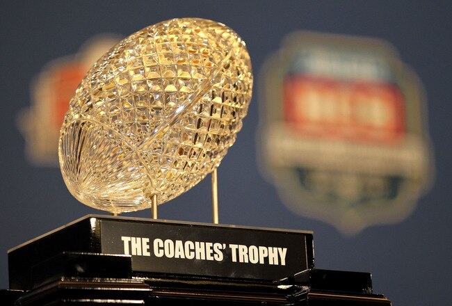 NEW ORLEANS, LA - JANUARY 10:   The Coaches' Trophy, awarded to head coach Nick Saban of the Alabama Crimson Tide after defeating Louisiana State University Tigers in the 2012 Allstate BCS National Championship Game during a press conference on January 10, 2012 in New Orleans, Louisiana.  (Photo by Andy Lyons/Getty Images)