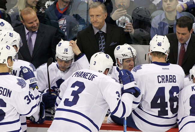 WINNIPEG, CANADA - DECEMBER 31: Toronto Maple Leafs' head coach Ron Wilson watches from the bench in a game against the Winnipeg Jets in NHL action at the MTS Centre on December 31, 2011 in Winnipeg, Manitoba, Canada. (Photo by Marianne Helm/Getty Images)