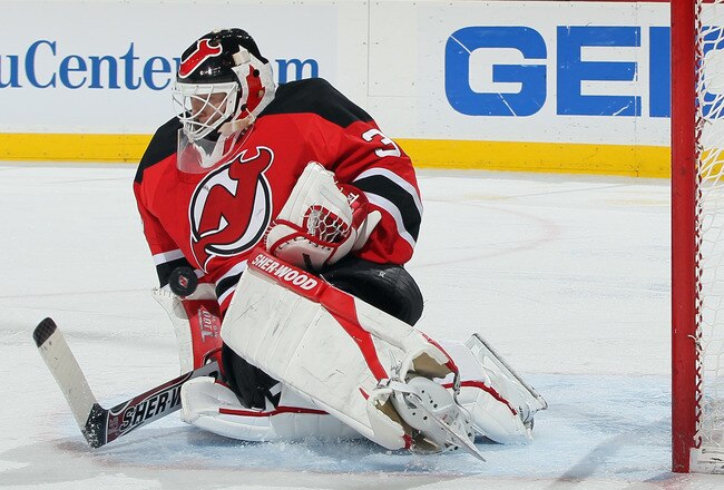 NEWARK, NJ - FEBRUARY 05: Martin Brodeur #30 of the New Jersey Devils makes a save against the Pittsburgh Penguins at Prudential Center on February 5, 2012 in Newark, New Jersey. The Devils defeated the Penguins 4-2. (Photo by Mike Stobe/Getty Images)