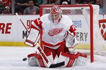 DETROIT, MI - MARCH 30:  Joey MacDonald #31 of the Detroit Red Wings makes a first-period save while playing the St. Louis Blues at Joe Louis Arena on March 30, 2011 in Detroit, Michigan.  (Photo by Gregory Shamus/Getty Images)