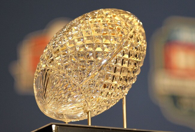 NEW ORLEANS, LA - JANUARY 10:   The Coaches' Trophy, awarded to head coach Nick Saban of the Alabama Crimson Tide after defeating Louisiana State University Tigers in the 2012 Allstate BCS National Championship Game during a press conference on January 10, 2012 in New Orleans, Louisiana.  (Photo by Andy Lyons/Getty Images)