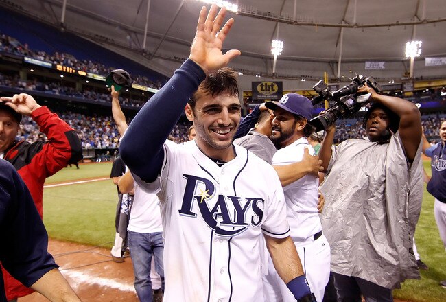 ST PETERSBURG, FL - SEPTEMBER 28:  Sean Rodriguez #1 of the Tampa Bay Rays celebrates the Rays victory over the New York Yankees at Tropicana Field on September 28, 2011 in St. Petersburg, Florida.  (Photo by J. Meric/Getty Images)
