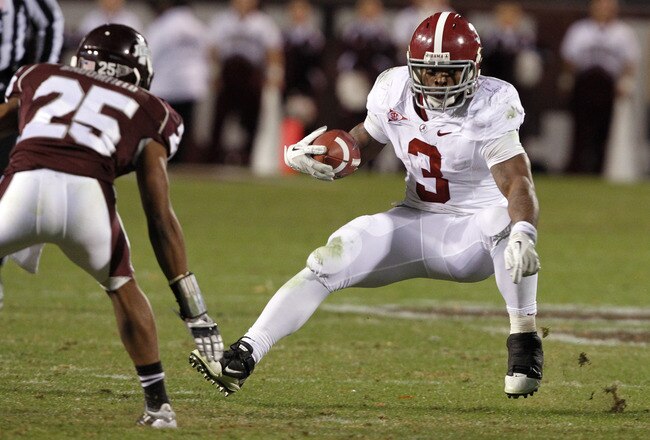 STARKVILLE, MS - NOVEMBER 12:  Running back Trent Richardson #3 of the Alabama Crimson Tide cuts away from defensive back Corey Broomfield #25 of the Mississippi State Bulldogs on November 12, 2011 at Davis Wade Stadium in Starkville, Mississippi. Alabama won 24-7. (Photo by Butch Dill/Getty Images)