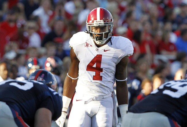 OXFORD, MS - OCTOBER 15:  Defensive back Mark Barron #4 of the Alabama Crimson Tide lines up against Mississippi on October 15, 2011 at Vaught- Hemingway Stadium in Oxford, Mississippi. (Photo by Butch Dill/Getty Images)
