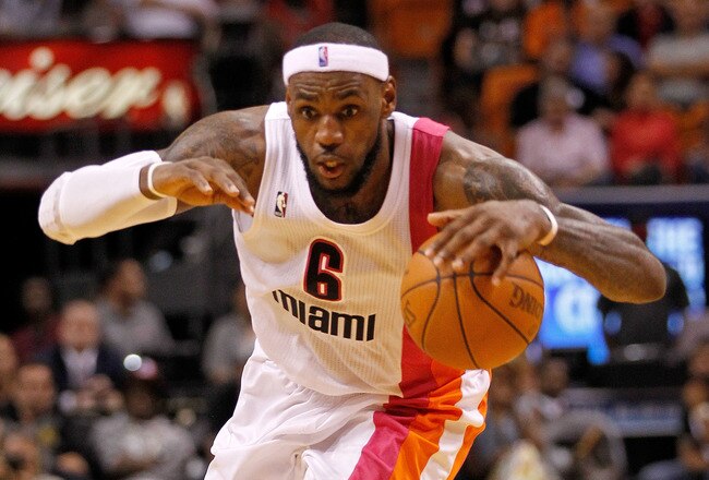 MIAMI, FL - FEBRUARY 07: LeBron James #6 of the Miami Heat drives during a game against the Cleveland Cavaliers at American Airlines Arena on February 7, 2012 in Miami, Florida. NOTE TO USER: User expressly acknowledges and agrees that, by downloading and/or using this Photograph, User is consenting to the terms and conditions of the Getty Images License Agreement.  (Photo by Mike Ehrmann/Getty Images)