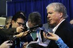 VANCOUVER, BC - FEBRUARY 22:  Hockey USA General Manager and Toronto Maple Leafs GM Brian Burke (R) speaks to the media prior to the start of the Women's USA vs. Sweden  women's semifinal game on day 11 of the Vancouver 2010 Winter Olympics at Canada Hockey Place on February 22, 2010 in Vancouver, Canada.  (Photo by Bruce Bennett/Getty Images)
