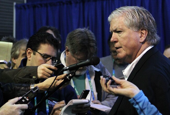 VANCOUVER, BC - FEBRUARY 22:  Hockey USA General Manager and Toronto Maple Leafs GM Brian Burke (R) speaks to the media prior to the start of the Women's USA vs. Sweden  women's semifinal game on day 11 of the Vancouver 2010 Winter Olympics at Canada Hockey Place on February 22, 2010 in Vancouver, Canada.  (Photo by Bruce Bennett/Getty Images)