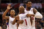 LOS ANGELES, CA - JANUARY 14:  DeAndre Jordan #6 Chauncey Billups #1 and Caron Butler #5 of the Los Angeles Clippers celebrate a three pointer against the Los Angeles Lakers at Staples Center on January 14, 2012 in Los Angeles, California.  NOTE TO USER: User expressly acknowledges and agrees that, by downloading and/or using this Photograph, user is consenting to the terms and conditions of the Getty Images License Agreement.  (Photo by Harry How/Getty Images)
