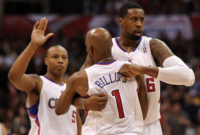 LOS ANGELES, CA - JANUARY 14:  DeAndre Jordan #6 Chauncey Billups #1 and Caron Butler #5 of the Los Angeles Clippers celebrate a three pointer against the Los Angeles Lakers at Staples Center on January 14, 2012 in Los Angeles, California.  NOTE TO USER: User expressly acknowledges and agrees that, by downloading and/or using this Photograph, user is consenting to the terms and conditions of the Getty Images License Agreement.  (Photo by Harry How/Getty Images)