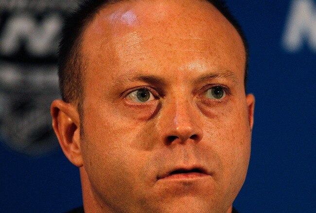 CHICAGO - MAY 27: General Manager Stan Bowman of the Chicago Blackhawks answers questions during Stanley Cup media day at the United Center on May 27, 2010 in Chicago, Illinois. (Photo by Jonathan Daniel/Getty Images)