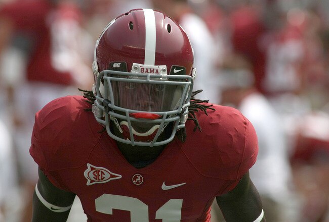TUSCALOOSA, AL - SEPTEMBER 3:  Defensive back Dre Kirkpatrick #21 of the Alabama Crimson Tide during pre-game drills before the game with the Kent State Golden Flashes on September 3, 2011 at Bryant Denny Stadium in Tuscaloosa, Alabama.  Alabama defeated Kent State 48-7.  (Photo by Greg McWilliams/Getty Images)