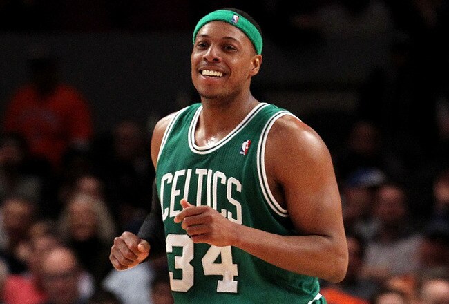 NEW YORK, NY - APRIL 22:  Paul Pierce #34 of the Boston Celtics reacts against the New York Knicks in Game Three of the Eastern Conference Quarterfinals in the 2011 NBA Playoffs on April 22, 2011 at Madison Square Garden in New York City.  NOTE TO USER: User expressly acknowledges and agrees that, by downloading and or using this photograph, User is consenting to the terms and conditions of the Getty Images License Agreement.  (Photo by Nick Laham/Getty Images)