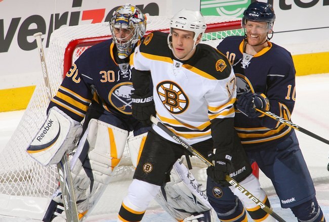 BUFFALO, NY - APRIL 17: Milan Lucic #17 of the Boston Bruins stands in front of Henrik Tallinder #10 and Ryan Miller #30 of the Buffalo Sabres  in Game Two of the Eastern Conference Quarterfinals during the 2010 NHL Stanley Cup Playoffs at HSBC Arena on April 17, 2010  in Buffalo, New York.  (Photo by Rick Stewart/Getty Images)