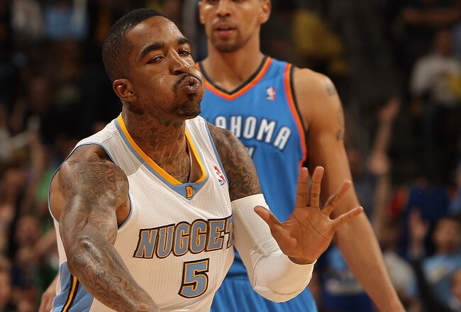 DENVER, CO - APRIL 25:  J.R. Smith #5 of the Denver Nuggets celebrates after hitting a three point basket against the Oklahoma City Thunder in Game Four of the Western Conference Quarterfinals in the 2011 NBA Playoffs at Pepsi Center on April 25, 2011 in Denver, Colorado. NOTE TO USER: User expressly acknowledges and agrees that, by downloading and or using this photograph, User is consenting to the terms and conditions of the Getty Images License Agreement.  (Photo by Justin Edmonds/Getty Images)