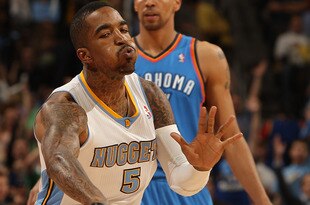 DENVER, CO - APRIL 25:  J.R. Smith #5 of the Denver Nuggets celebrates after hitting a three point basket against the Oklahoma City Thunder in Game Four of the Western Conference Quarterfinals in the 2011 NBA Playoffs at Pepsi Center on April 25, 2011 in Denver, Colorado. NOTE TO USER: User expressly acknowledges and agrees that, by downloading and or using this photograph, User is consenting to the terms and conditions of the Getty Images License Agreement.  (Photo by Justin Edmonds/Getty Images)
