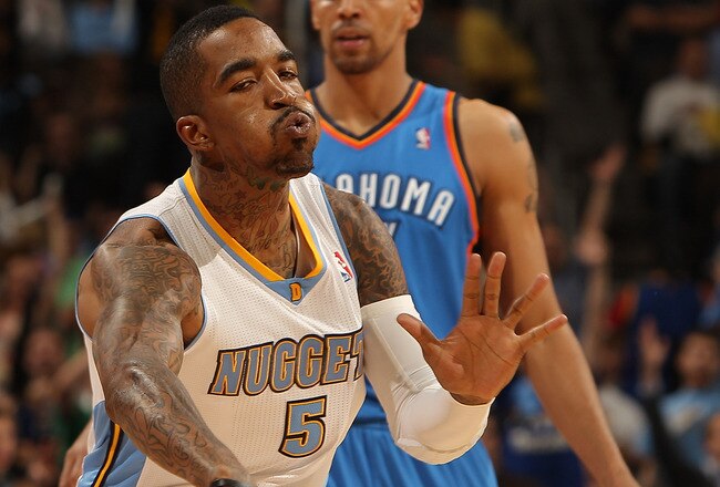 DENVER, CO - APRIL 25:  J.R. Smith #5 of the Denver Nuggets celebrates after hitting a three point basket against the Oklahoma City Thunder in Game Four of the Western Conference Quarterfinals in the 2011 NBA Playoffs at Pepsi Center on April 25, 2011 in Denver, Colorado. NOTE TO USER: User expressly acknowledges and agrees that, by downloading and or using this photograph, User is consenting to the terms and conditions of the Getty Images License Agreement.  (Photo by Justin Edmonds/Getty Images)