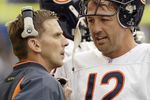 SEATTLE - OCTOBER 19:  Quarterback Chris Chandler #12 of the Chicago Bears talks with Offensive Coordinator John Shoop on October19, 2003 at Seahawks Stadium in Seattle, Washington. The Bears lost to the Seattle Seahawks 24-17.  (Photo by Otto Greule Jr/Getty Images)