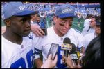 31 Aug 1997:  Quarterback Troy Aikman and wide receiver Michael Irvin get interviewed after a game against the Pittsburgh Steelers at Three Rivers Stadium in Pittsburgh, Pennsylvania.  The Cowboys won the game, 37-7. Mandatory Credit: Stephen Dunn  /Allsport