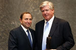 ST. PAUL, MN - OCTOBER 22:  NHL Commissioner Gary Bettman (left) talks with 2008 Lester Patrick Award recipient Brian Burke at the Lester Patrick Award Luncheon October 22, 2008 at the St. Paul Hotel in St. Paul, Minnesota. (Photo by Scott A. Schneider/Getty Images)
