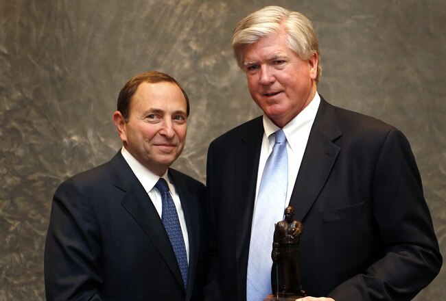 ST. PAUL, MN - OCTOBER 22:  NHL Commissioner Gary Bettman (left) talks with 2008 Lester Patrick Award recipient Brian Burke at the Lester Patrick Award Luncheon October 22, 2008 at the St. Paul Hotel in St. Paul, Minnesota. (Photo by Scott A. Schneider/Getty Images)