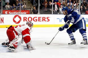 TORONTO, CANADA - JANUARY 7: Phil Kessel #81 of the Toronto Maple Leafs scores on Jimmy Howard #35 of the Detroit Red Wings during a penalty shot during NHL action at The Air Canada Centre January 7, 2012 in Toronto, Ontario, Canada. (Photo by Abelimages/Getty Images)