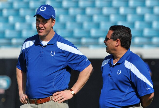 JACKSONVILLE, FL - JANUARY 01: Quarterback Peyton Manning #18 of the Indianapolis Colts talks with offensive coordinator Clyde Christensen before the kickoff against the Jacksonville Jaguars January 1, 2012 at EverBank Field in Jacksonville, Florida.  (Photo by Al Messerschmidt/Getty Images)