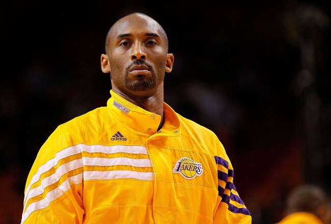 MIAMI, FL - JANUARY 19:  Kobe Bryant #24 of the Los Angeles Lakers looks on during a game against the Miami Heat at American Airlines Arena on January 19, 2012 in Miami, Florida. NOTE TO USER: User expressly acknowledges and agrees that, by downloading and/or using this Photograph, User is consenting to the terms and conditions of the Getty Images License Agreement.  (Photo by Mike Ehrmann/Getty Images)