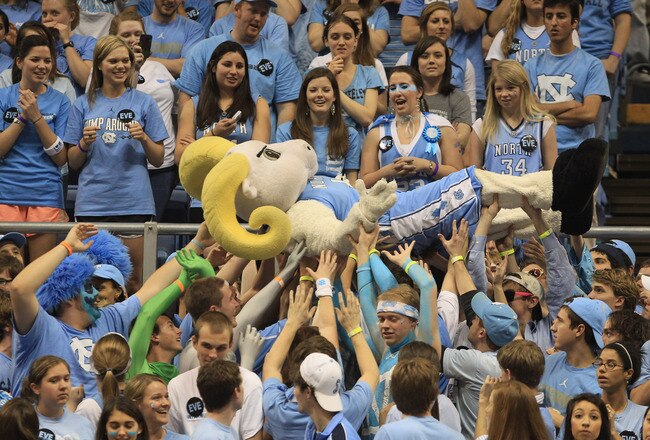 CHAPEL HILL, NC - MARCH 05:  The mascot of the North Carolina Tar Heels crowd surfs during their game against the Duke Blue Devils at the Dean E. Smith Center on March 5, 2011 in Chapel Hill, North Carolina.  (Photo by Streeter Lecka/Getty Images)