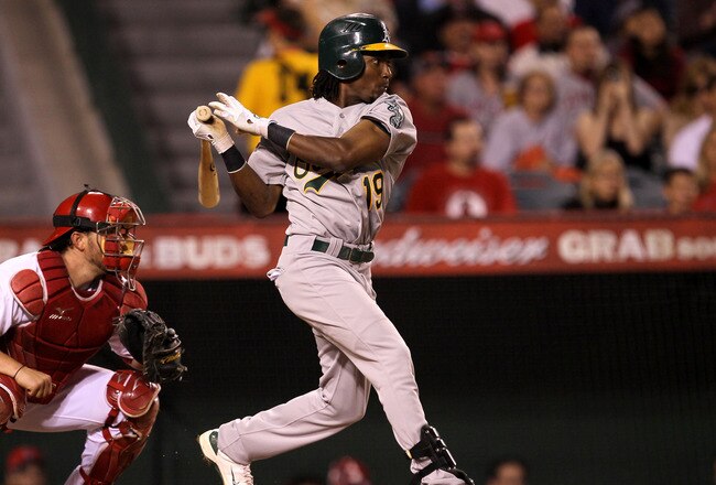 ANAHEIM, CA - SEPTEMBER 24:  Jemile Weeks #19 of the Oakland Athletics hits an RBI single in the fifth inning against the Los Angeles Angels of Anaheim on September 24, 2011 at Angel Stadium in Anaheim, California.   (Photo by Stephen Dunn/Getty Images)