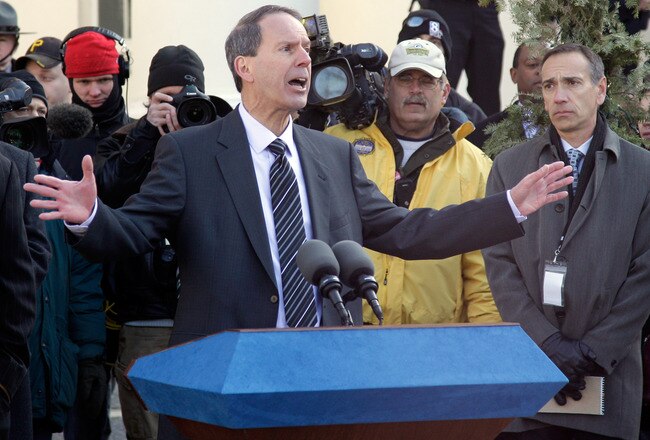 BELLEFONTE, PA - DECEMBER 13:  Joe Amendola, attorney for former Penn State assistant football coach Jerry Sandusky, talks with the media in front of the Centre County Courthouse on December 13, 2011 in Bellefonte, Pennsylvania. Sandusky attended a preliminary hearing on charges he sexual abused 10 boys.  (Photo by Rob Carr/Getty Images)