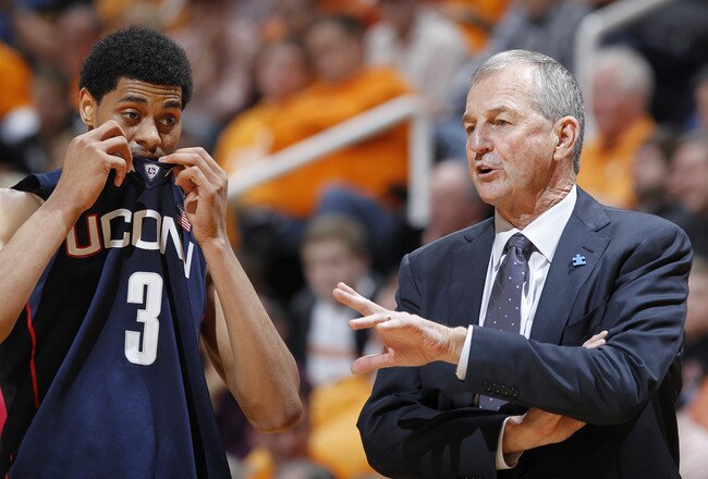 KNOXVILLE, TN - JANUARY 21: Connecticut Huskies head coach Jim Calhoun talks to Jeremy Lamb #3 during the game against the Tennessee Volunteers at Thompson-Boling Arena on January 21, 2012 in Knoxville, Tennessee. Tennessee defeated Connecticut 60-57. (Photo by Joe Robbins/Getty Images)