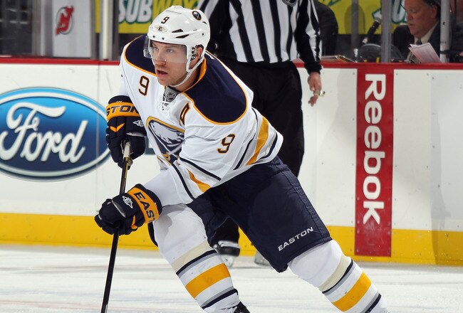 NEWARK, NJ - DECEMBER 28:  Derek Roy #9 of the Buffalo Sabres skates against the New Jersey Devils at the Prudential Center on December 28, 2011 in Newark, New Jersey.  (Photo by Bruce Bennett/Getty Images)