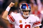 INDIANAPOLIS, IN - FEBRUARY 05:  Eli Manning #10 of the New York Giants reacts in the first half while taking on the New England Patriots during Super Bowl XLVI at Lucas Oil Stadium on February 5, 2012 in Indianapolis, Indiana. Manning, named MVP, led the Giants to a 21-17 victory.  (Photo by Al Bello/Getty Images)