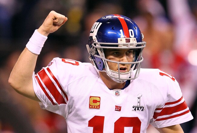 INDIANAPOLIS, IN - FEBRUARY 05:  Eli Manning #10 of the New York Giants reacts in the first half while taking on the New England Patriots during Super Bowl XLVI at Lucas Oil Stadium on February 5, 2012 in Indianapolis, Indiana. Manning, named MVP, led the Giants to a 21-17 victory.  (Photo by Al Bello/Getty Images)