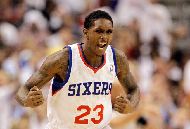PHILADELPHIA, PA - APRIL 21: Lou Williams #23 of the Philadelphia 76ers reacts after scoring against the Miami Heat during the first half of game three of the Eastern Conference Quarterfinals at Wells Fargo Center on April 21, 2011 in Philadelphia, Pennsylvania.NOTE TO USER: User expressly acknowledges and agrees that, by downloading and/or using this Photograph, User is consenting to the terms and conditions of the Getty Images License Agreement.  (Photo by Rob Carr/Getty Images)