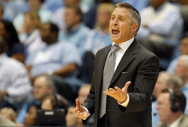 CHAPEL HILL, NC - JANUARY 29:  Head coach Brian Gregory of the Georgia Tech Yellow Jackets reacts to a call during their game against the North Carolina Tar Heels at the Dean Smith Center on January 29, 2012 in Chapel Hill, North Carolina.  (Photo by Streeter Lecka/Getty Images)