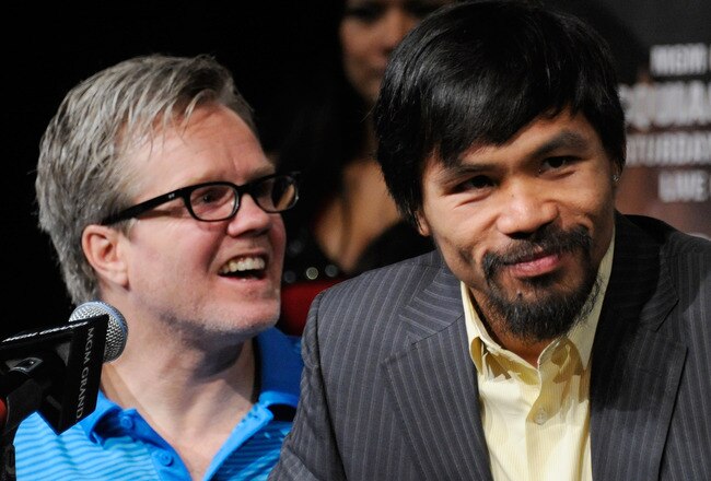 LAS VEGAS, NV - NOVEMBER 09:  Trainer Freddie Roach (L) and boxer Manny Pacquiao appear during the final news conference for Pacquiao's bout with Juan Manuel Marquez at the MGM Grand Hotel/Casino November 9, 2011 in Las Vegas, Nevada. Pacquiao will defend his WBO welterweight title against Marquez when the two meet in the ring for the third time on November 12 in Las Vegas.  (Photo by Ethan Miller/Getty Images)