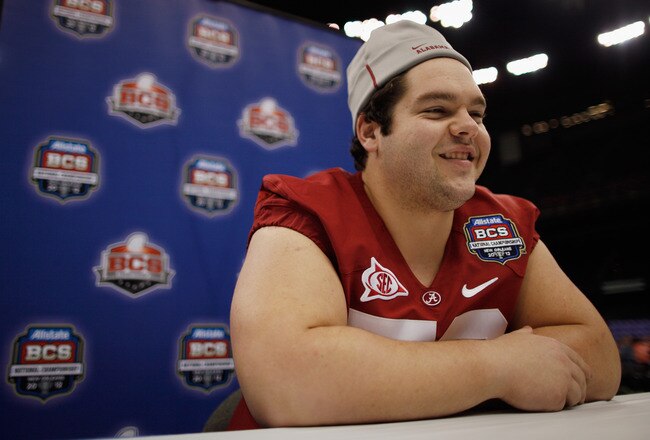 NEW ORLEANS, LA - JANUARY 06:  William Vlachos #73 of the Alabama Crimson Tide talks to the media at the Mercedes-Benz Superdome on January 6, 2012 in New Orleans, Louisiana.  LSU and Alabama will play in the BCS National Championship on January 9th.  (Photo by Chris Graythen/Getty Images)