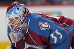 DENVER, CO - FEBRUARY 04:  Jean-Sebastien Giguere #35 of the Colorado Avalanche defends the goal as the Vancouver Canucks defeated the Avalanche 3-2 in an overtime shootout at the Pepsi Center on February 4, 2012 in Denver, Colorado.  (Photo by Doug Pensinger/Getty Images)