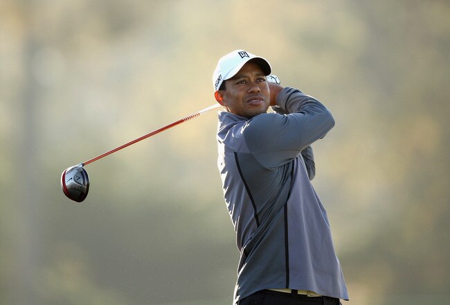 PEBBLE BEACH, CA - FEBRUARY 08:  Tiger Woods hits a tee shot during a practice round for the AT&T Pebble Beach National Pro-Am at the Monterey Peninsula Country Club on February 8, 2012 in Pebble Beach, California.  (Photo by Ezra Shaw/Getty Images)