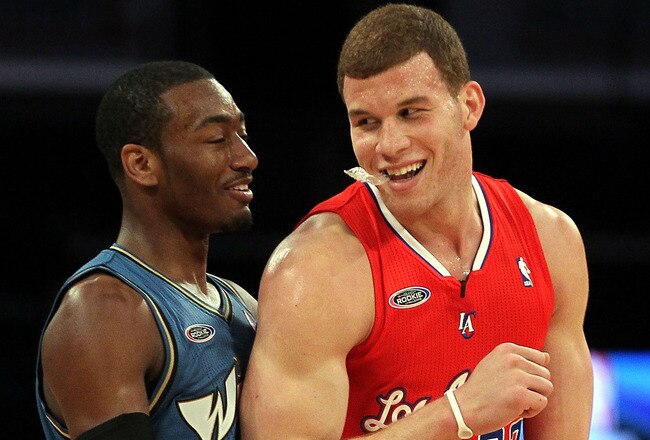 LOS ANGELES, CA - FEBRUARY 18:  John Wall #2 of the Washington Wizards and the Rookie Team and Blake Griffin #32 of the Los Angeles Clippers and the Rookie Team laugh on the court in the second half during the T-Mobile Rookie Challenge and Youth Jam at Staples Center on February 18, 2011 in Los Angeles, California.  (Photo by Jeff Gross/Getty Images)