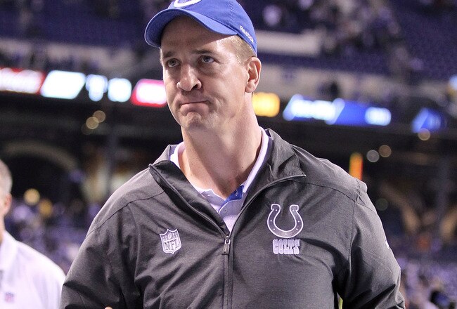 INDIANAPOLIS, IN - DECEMBER 22:  Peyton Manning  #18 of the Indianapolis Colts celebrates after the final play of the Colts 19-16 victory over the Houston Texans in the NFL at Lucas Oil Stadium at Lucas Oil Stadium on December 22, 2011 in Indianapolis, Indiana.  (Photo by Andy Lyons/Getty Images)