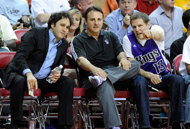 LAS VEGAS - OCTOBER 13:  (L-R) Brothers George Maloof, Gavin Maloof and Joe Maloof watch a preseason game between the Sacramento Kings and the Los Angeles Lakers at the Thomas & Mack Center October 13, 2010 in Las Vegas, Nevada. The Lakers won 98-95. NOTE TO USER: User expressly acknowledges and agrees that, by downloading and/or using this Photograph, user is consenting to the terms and conditions of the Getty Images License Agreement.  (Photo by Ethan Miller/Getty Images)