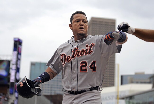 MINNEAPOLIS MN- AUGUST 27:   Miguel Cabrera #24 first baseman for the Detroit Tigers celebrates after hitting a solo home run against the Minnesota Twins pitcher Carl Pavano in the second inning on August 27, 2011 at Target Field in Minneapolis, Minnesota. (Photo by Craig Lassig/Getty Images)